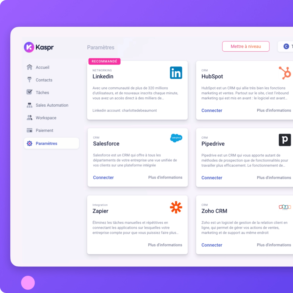 Les intégrations sur votre dashboard Kaspr